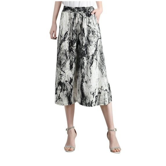 MNCEKFOD Womens Plus Capri Pants Summer 2025 New Stylish Printed Elastic Waist Thin Culottes Wide Leg High Waisted Skirt Classic Fit Trousers Grey Grey