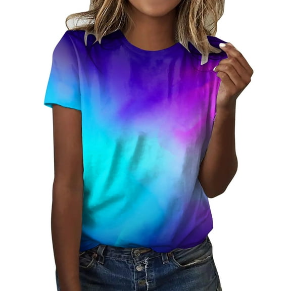MNCEKFOD Womens Summer Tops Gradient Print Crew Neck Tank Short Sleeve Casual Loose Fit Relaxed Fit Tee Shirts Purple L