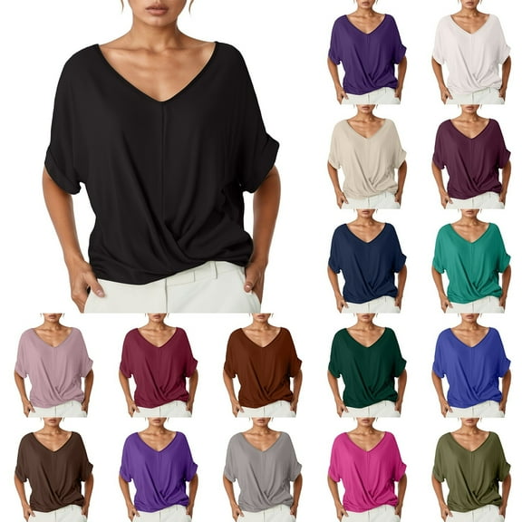 MNCEKFOD Womens Summer Tops Loose Fit V Neck Half Sleeve Elegant Tshirts Solid Color Comfy and Soft Leisure Tee Shirts Blue XXL