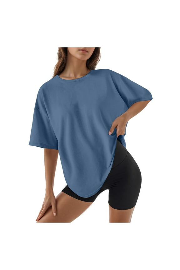 Womens T Shirt Summer Oversized Crew Neck Loose Fit Short Sleeves for Sports Yoga Running Leisure Tee Shirts Blue L