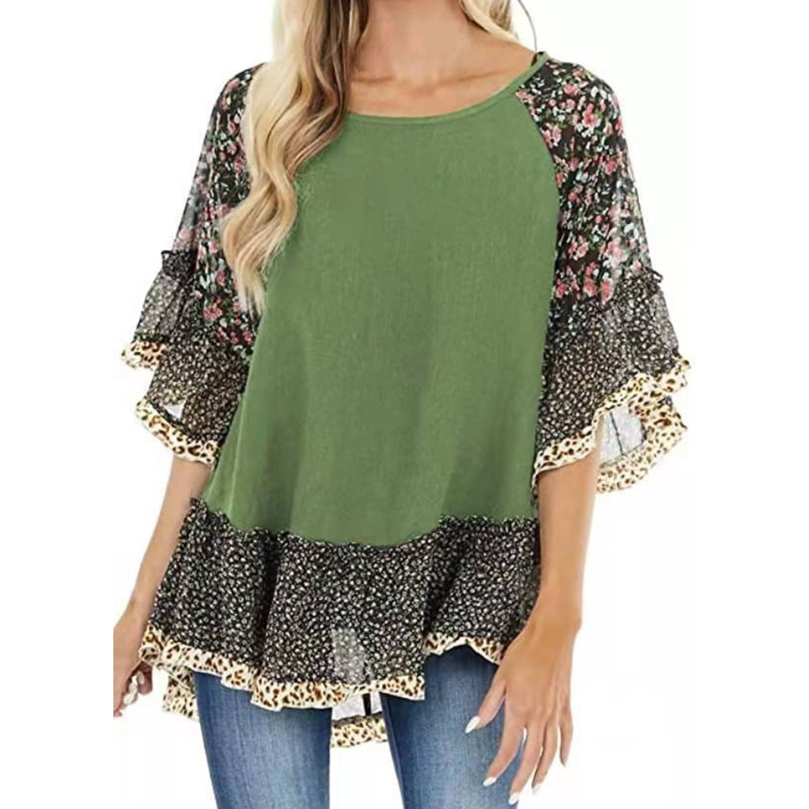 MNCEKFOD Womens T Shirt Summer Trendy Bat Sleeve Color Matching Leopard