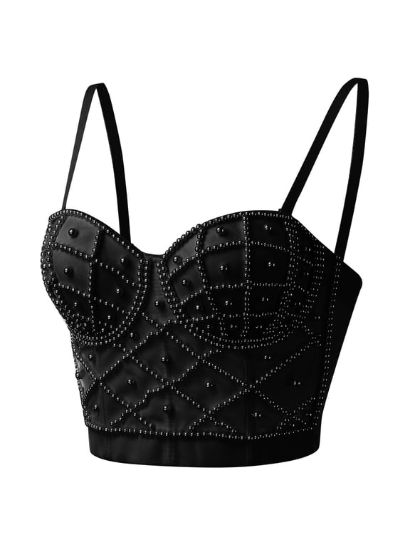 Womens Tank Tops Summer Pearl Decor Spaghetti Strap Vest Internet Popular Backless Cropped Mini Daily Tops Womens Shirts Black M