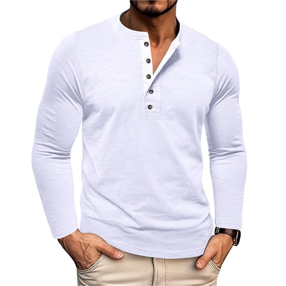 MNCLS Men's Long Sleeve Henley T-Shirt, 3-Button Contrast Placket, Chest Pocket, Soft Stretch Cotton Blend Casual Pullover - WHITE_S