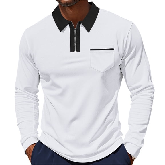 MNCLS Men's Long Sleeve Polo Shirt with Contrast Collar, Zip Placket and Chest Pocket, Casual Golf Top for Work and Everyday Wear - WHITE_S