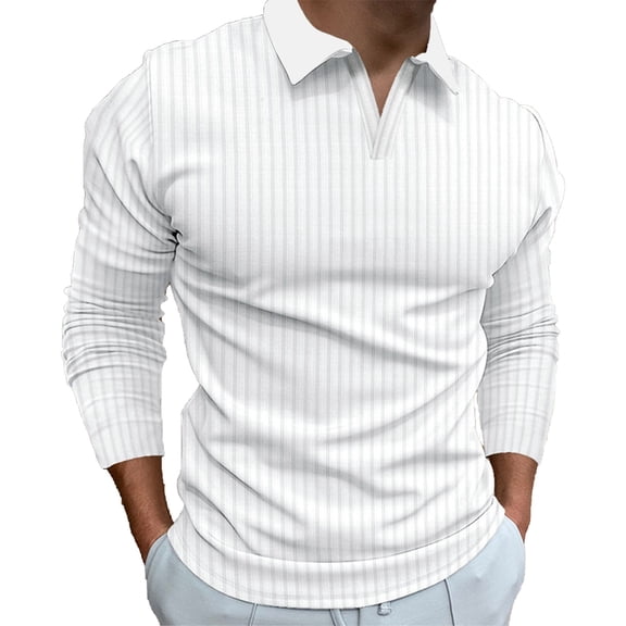 MNCLS Men's Muscle V Neck Polo Shirt, Slim Fit Long Sleeve Cotton Ribbed Knit Golf T-Shirt - WHITE_S