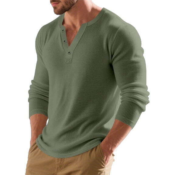 MNCLS Men's Waffle Henley Shirt for Men, Long Sleeve 3 Button Pullover, Stretch Casual Tee for Work, Daily Wear and Layering - LIGHTGREEN_S