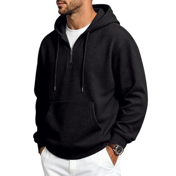 MNCLS Men's Waffle Knit Hoodie Pullover with Quarter-Zip Neck, Drawstring Hood and Kangaroo Pocket for Casual Everyday Wear - BLACK_M
