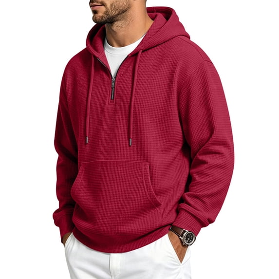 MNCLS Men's Waffle Knit Hoodie Pullover with Quarter-Zip Neck, Drawstring Hood and Kangaroo Pocket for Casual Everyday Wear - BRIGHTRED_XXXL