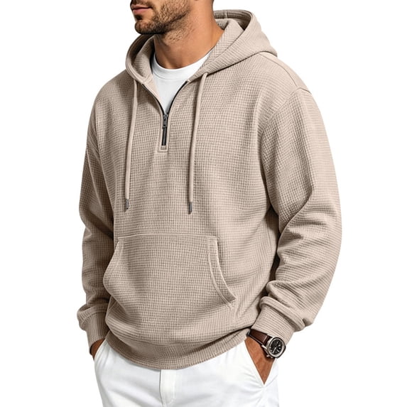 MNCLS Men's Waffle Knit Hoodie Pullover with Quarter-Zip Neck, Drawstring Hood and Kangaroo Pocket for Casual Everyday Wear - KHAKI_S