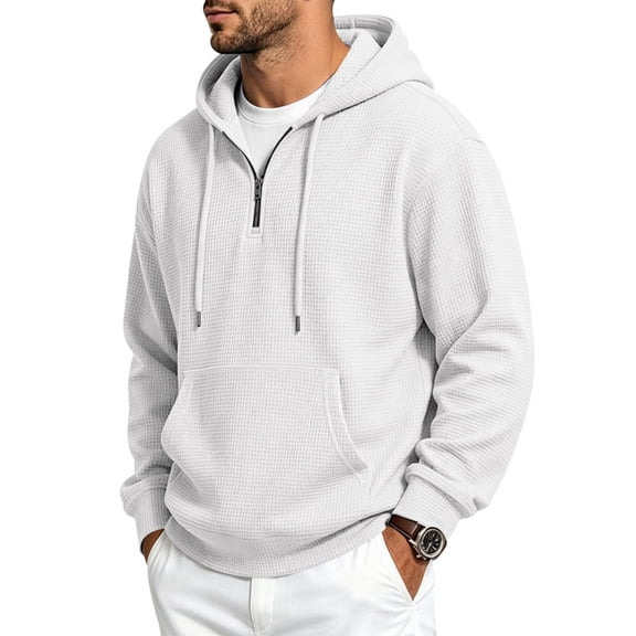 MNCLS Men's Waffle Knit Hoodie Pullover with Quarter-Zip Neck, Drawstring Hood and Kangaroo Pocket for Casual Everyday Wear - WHITE_S