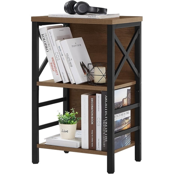 MNEETRUNG Small Bookshelf, 3 Tier  Shelf with Metal Frame and Backboard, Low Rustic Brown Book Shelf, Small Bookcase for Small Spaces,Bookshelf for Living Room, Bedroom & Home Office
