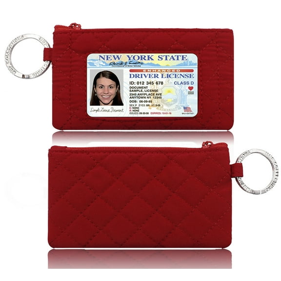 MNF Collections Lanyard with Wallet for Women - Zip ID Case with Lanyard for Cash, Cards, Coin - Durable Card Holder Keychain with Zippers - Quillted Cotton Red