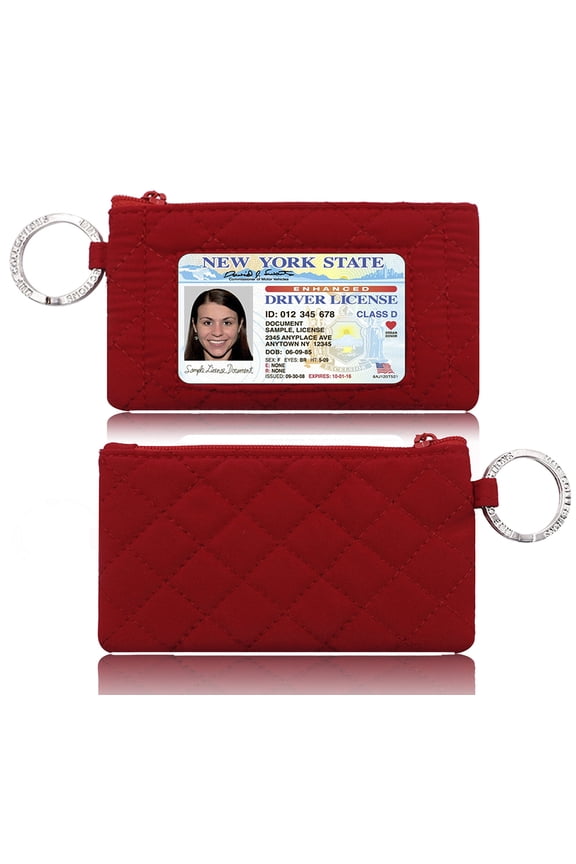 Lanyard with Wallet for Women - Zip ID Case with Lanyard for Cash, Cards, Coin - Durable Card Holder Keychain with Zippers - Quillted Cotton Red