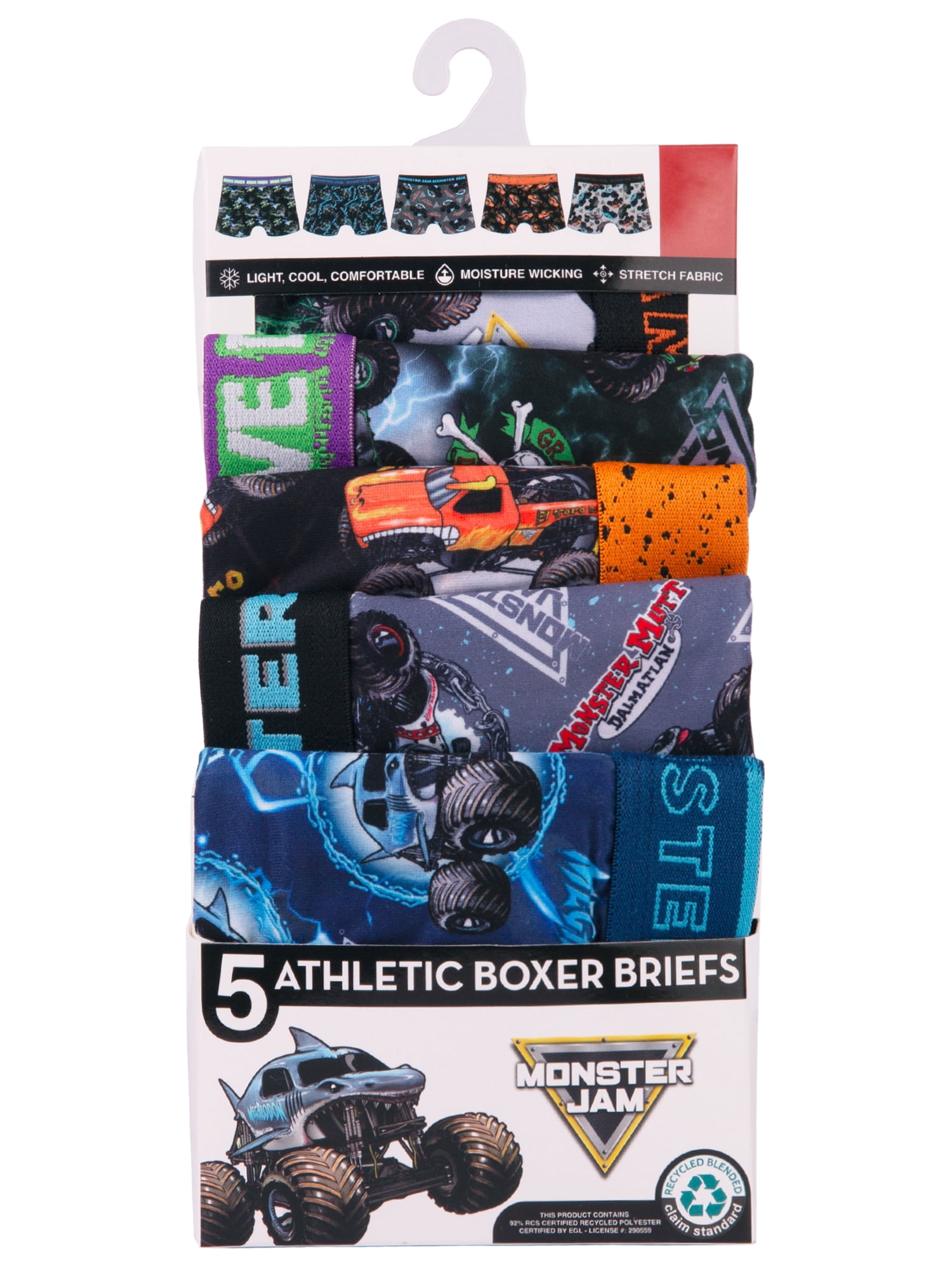 Monster Jam Boys Athletic Boxer Brief Underpants Character Underwear, 5-pack, Sizes XS to M