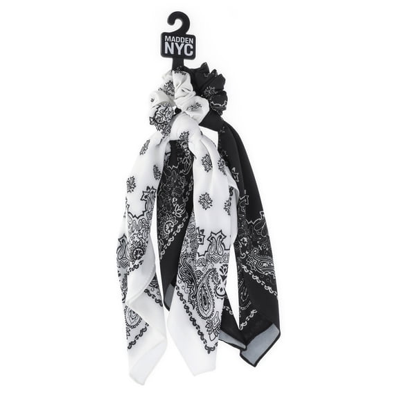 Madden NYC Women's Bandana Tie Scrunchie, 2-Pack, Black/White