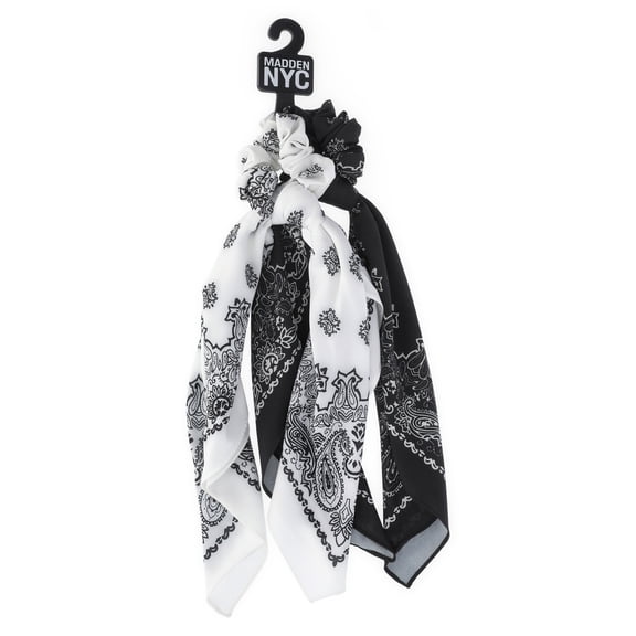 Madden NYC Women's Bandana Tie Scrunchie, 2-Pack, Black/White