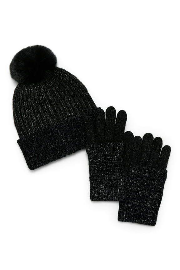 Women's Lurex Beanie and Cuffed Gloves Set, 2-Piece, Black, One Size
