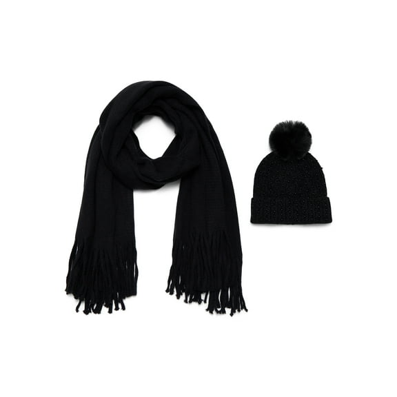 Madden NYC Women's Embellished Beanie Hat and Scarf Gift Set, 2-Piece, Black