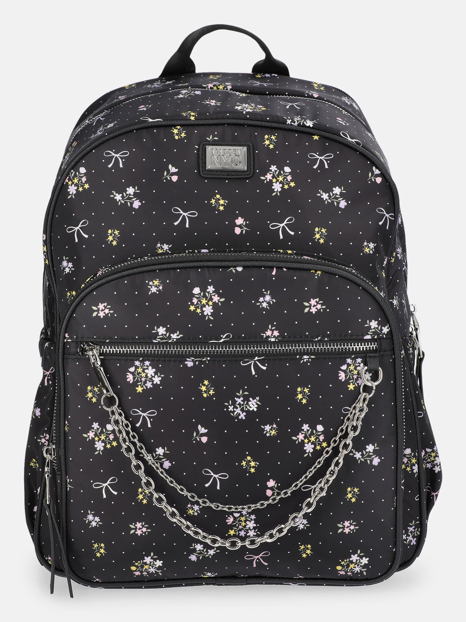 Madden NYC Women's Dome Backpack with Chain Accent, Black Bow Floral