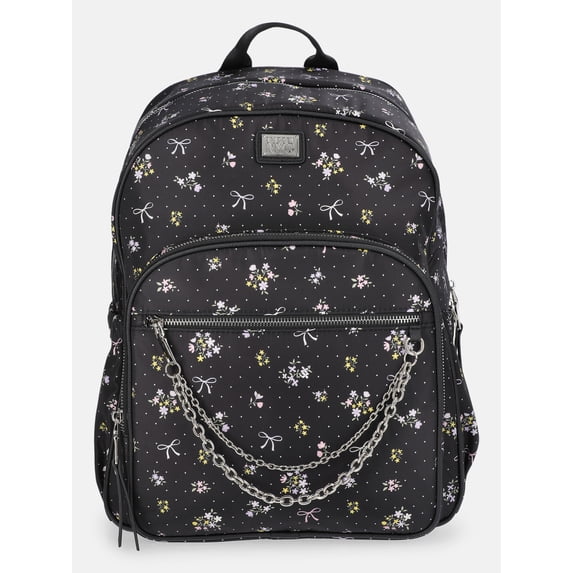 Madden NYC Women's Dome Backpack with Chain Accent, Black Bow Floral