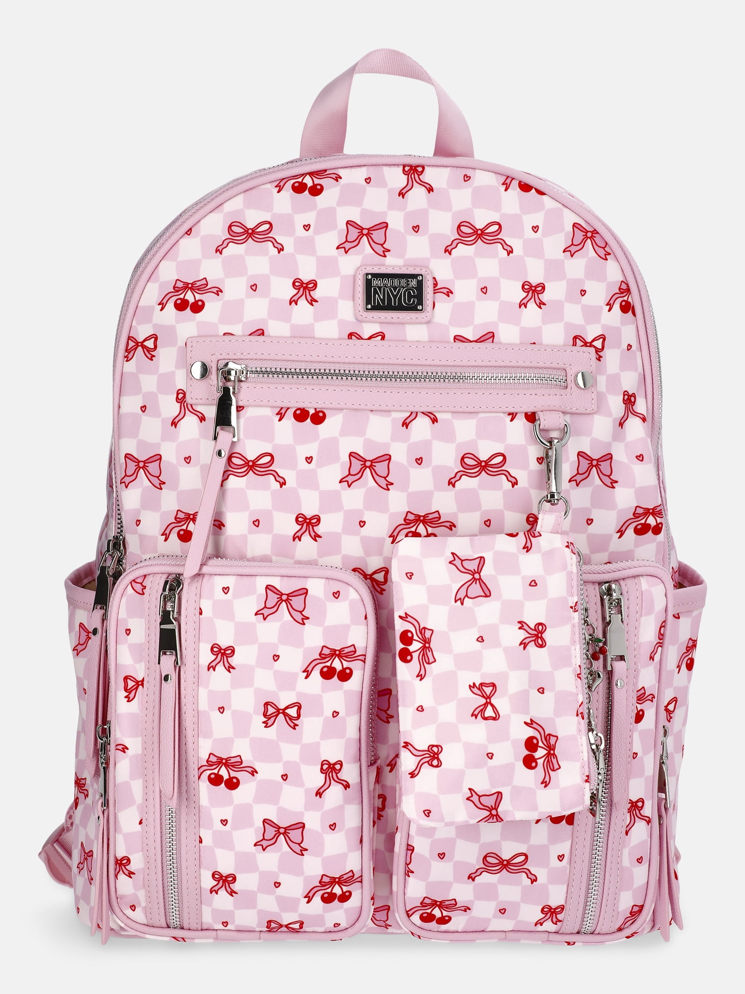 MNYC Women's Double Pocket Dome Backpack Pink Cherries
