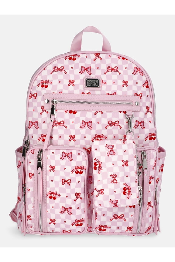 MNYC Women's Double Pocket Dome Backpack Pink Cherries