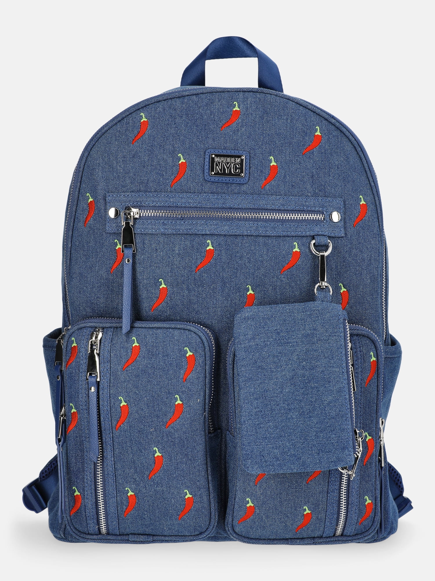 Madden NYC Women's Double Pocket Dome Backpack with Pouch, Chili Denim
