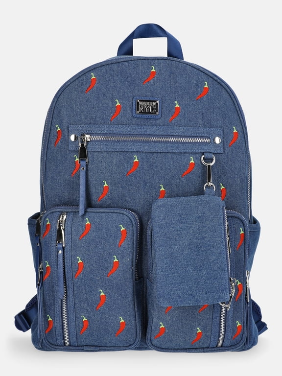 Women's Double Pocket Dome Backpack with Pouch, Chili Denim