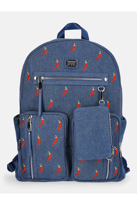 Women's Double Pocket Dome Backpack with Pouch, Chili Denim