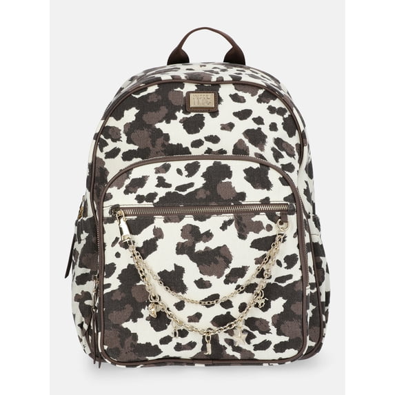 Madden NYC Women's Dome Backpack with Charm Chain Accent, Cow Print