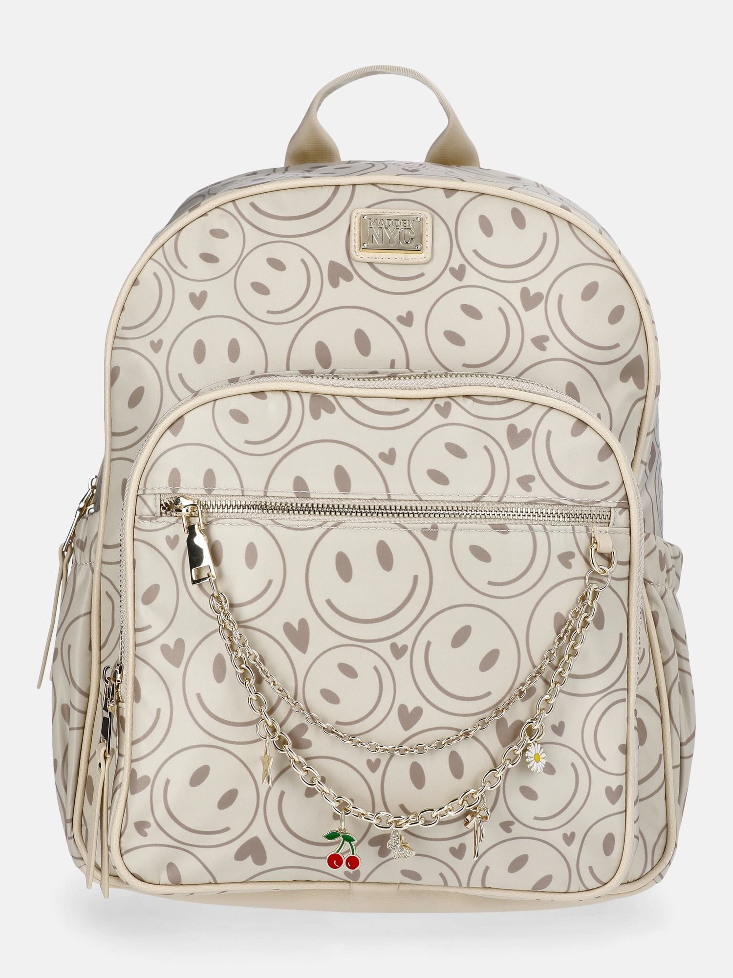 Madden NYC Women's Dome Backpack with Charm Chain Accent, Khaki Smiley