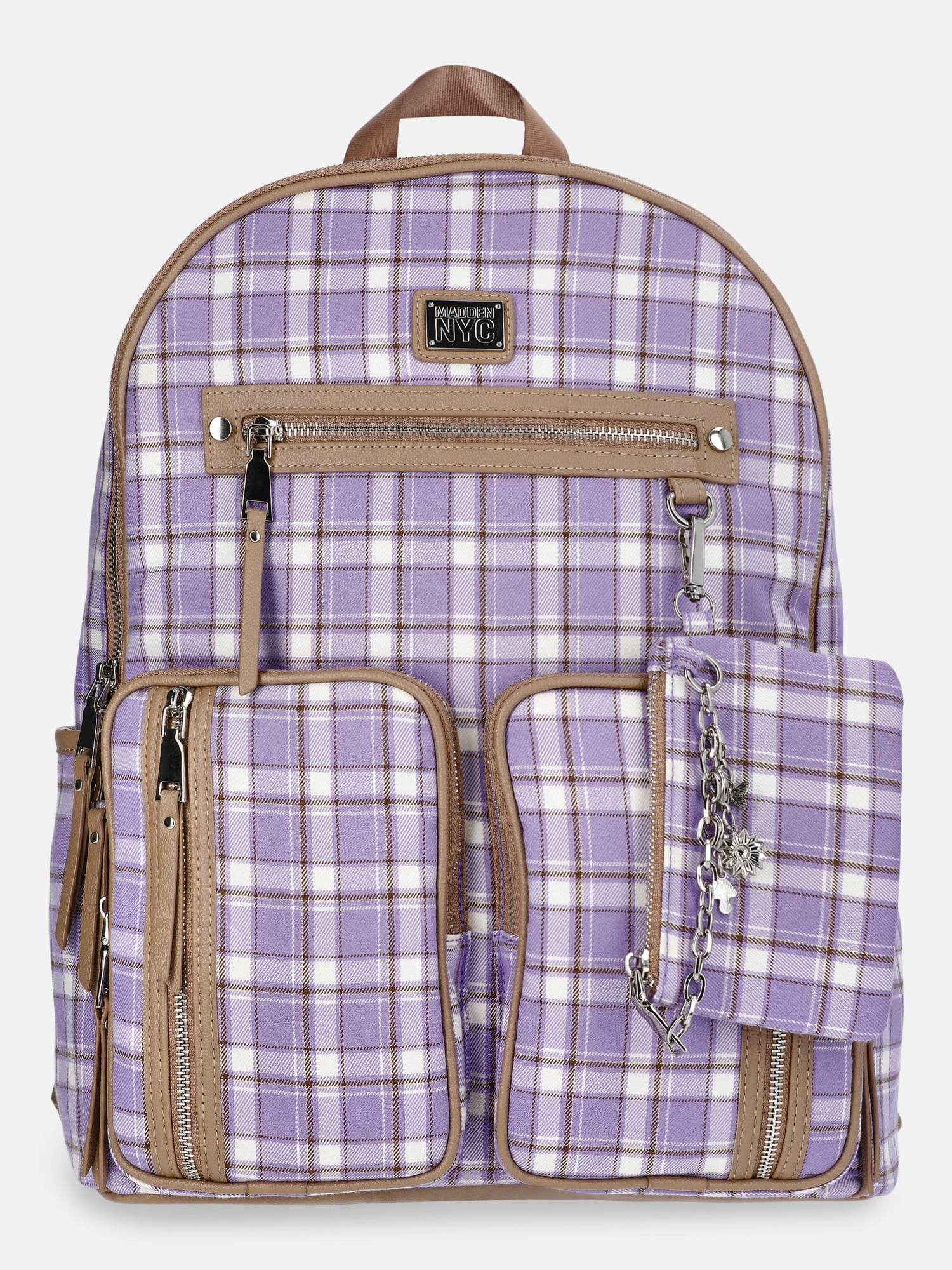 Madden NYC Women's Double Pocket Dome Backpack with Pouch, Purple Plaid