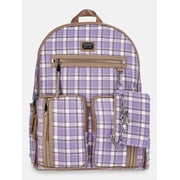 Madden NYC Women's Double Pocket Dome Backpack with Pouch, Purple Plaid
