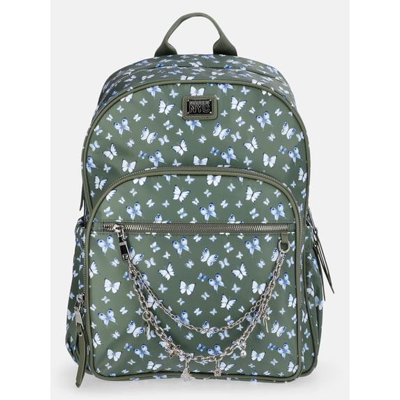 MNYC Women's Chain Pocket Dome Backpack Green Butterfly