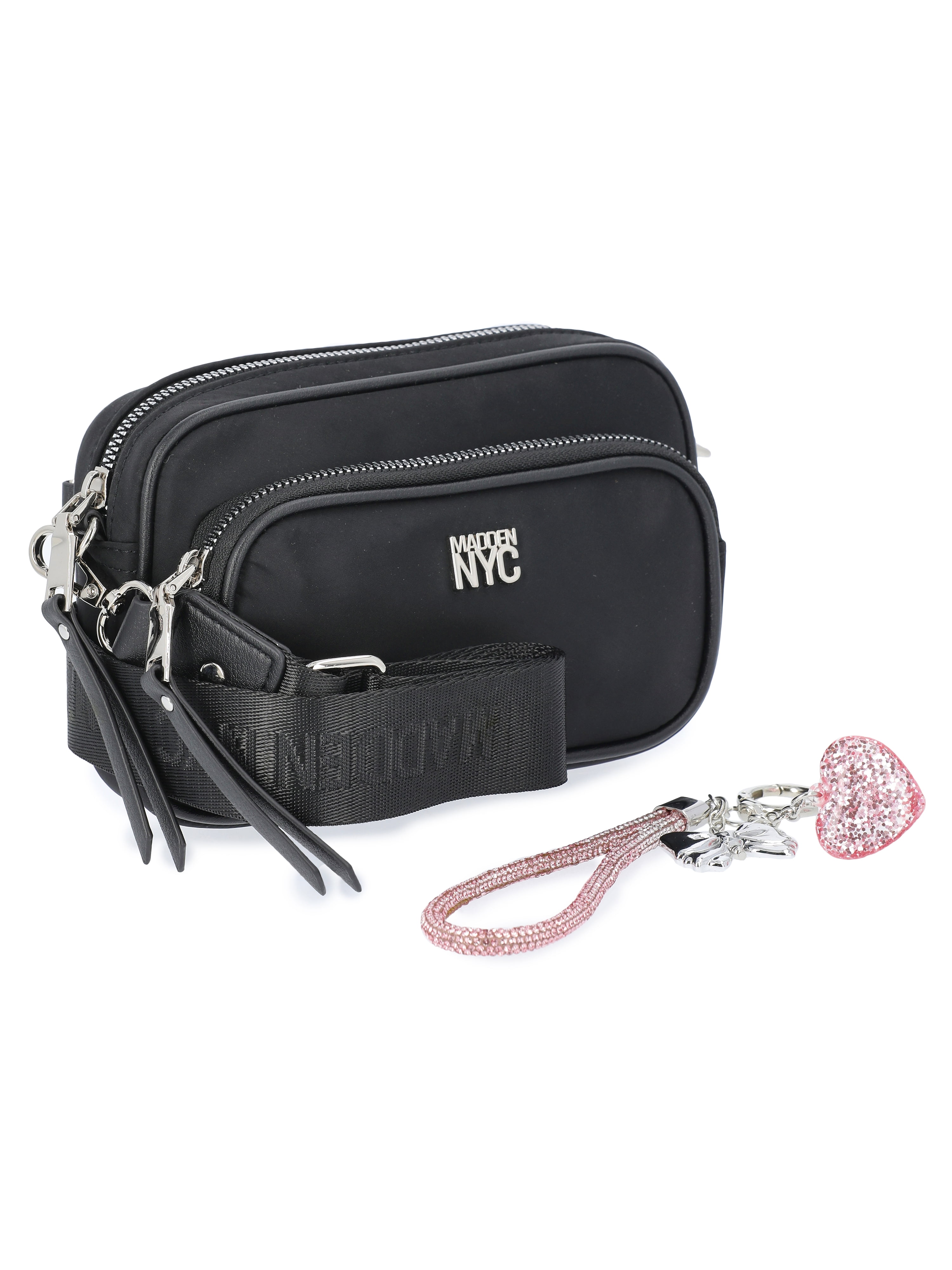 Madden NYC Women's Nylon Camera Handbag with Charm Keychain, Black Nylon
