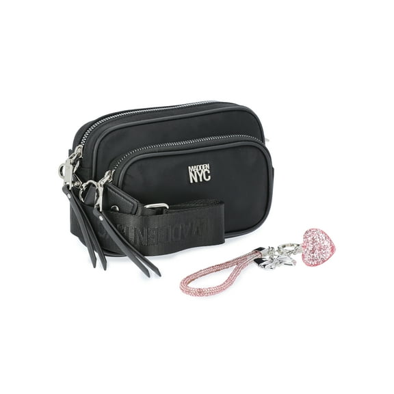 Madden NYC Women's Nylon Camera Handbag with Charm Keychain, Black Nylon