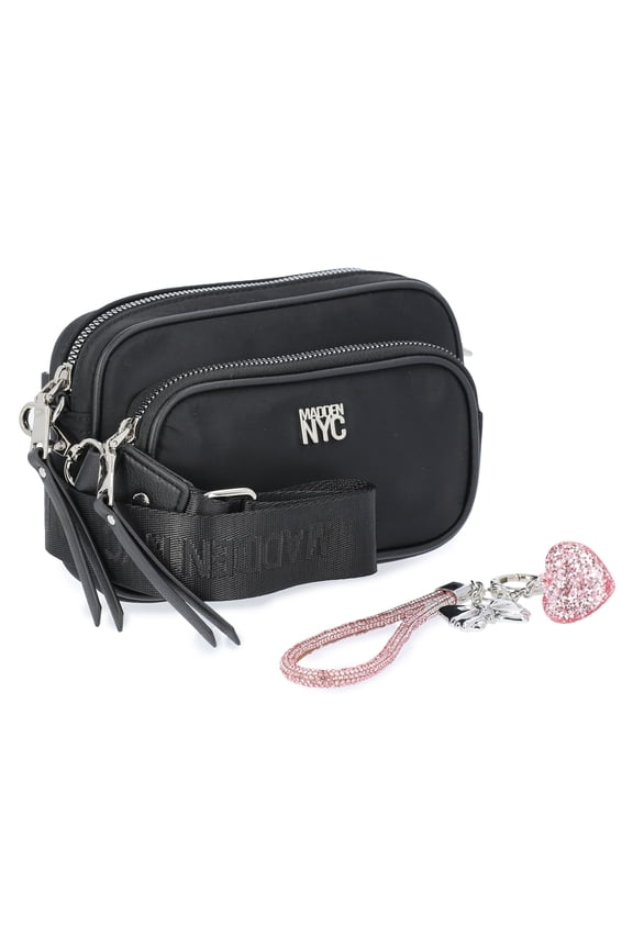 Women's Nylon Camera Handbag with Charm Keychain, Black Nylon