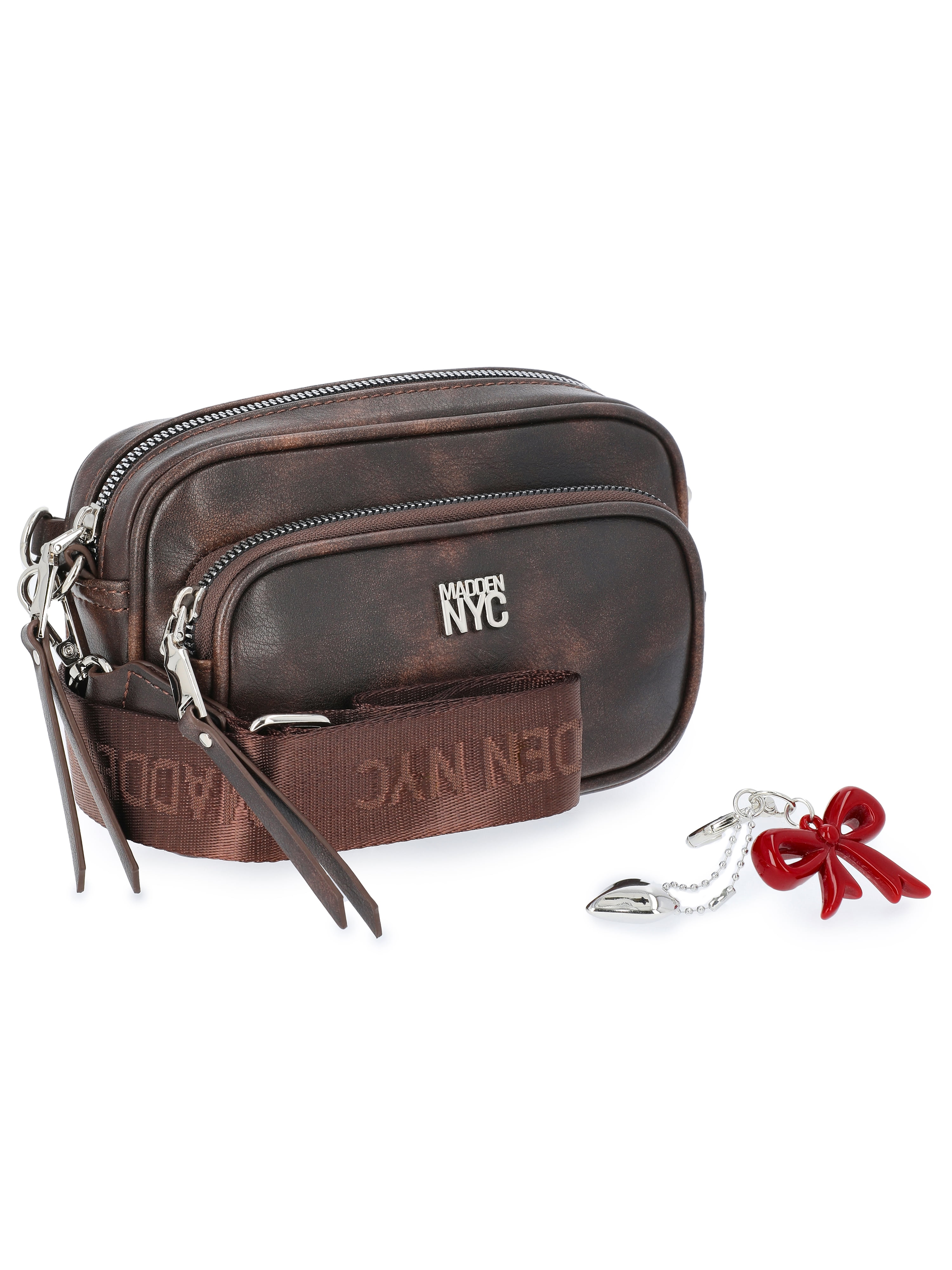 Walmart savings: Madden NYC Women's Faux Leather Camera Handbag with Charm Keychain, Weathered Brown