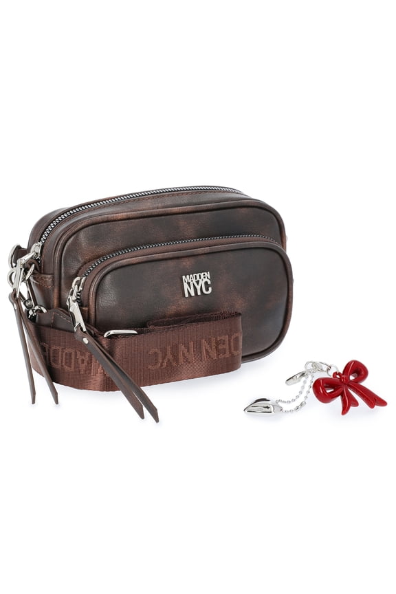 Women's Faux Leather Camera Handbag with Charm Keychain, Weathered Brown