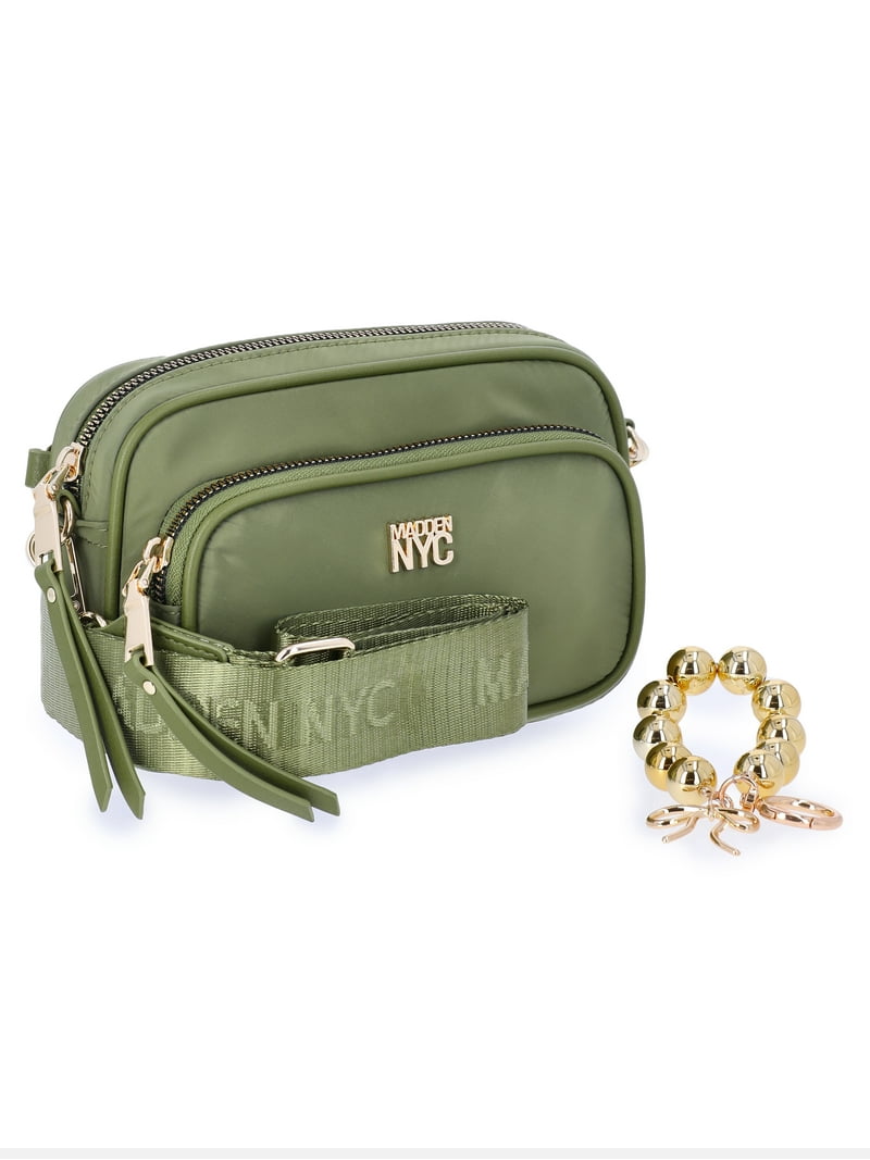 Madden NYC Women's Nylon Camera Handbag with Charm Keychain, Olive