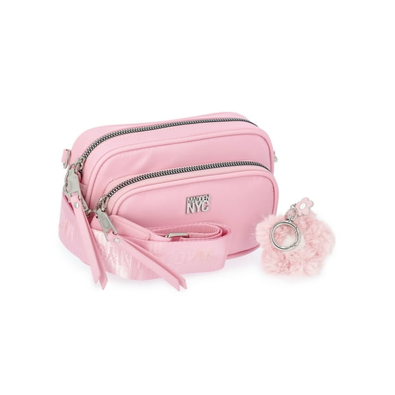 Madden NYC Women's Nylon Camera Handbag with Charm Keychain, Pink