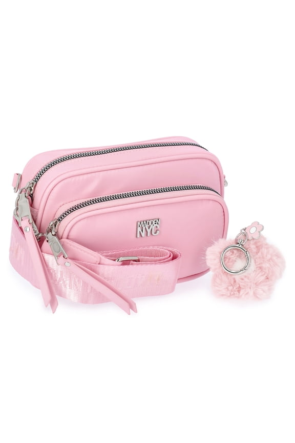 Women's Nylon Camera Handbag with Charm Keychain, Pink