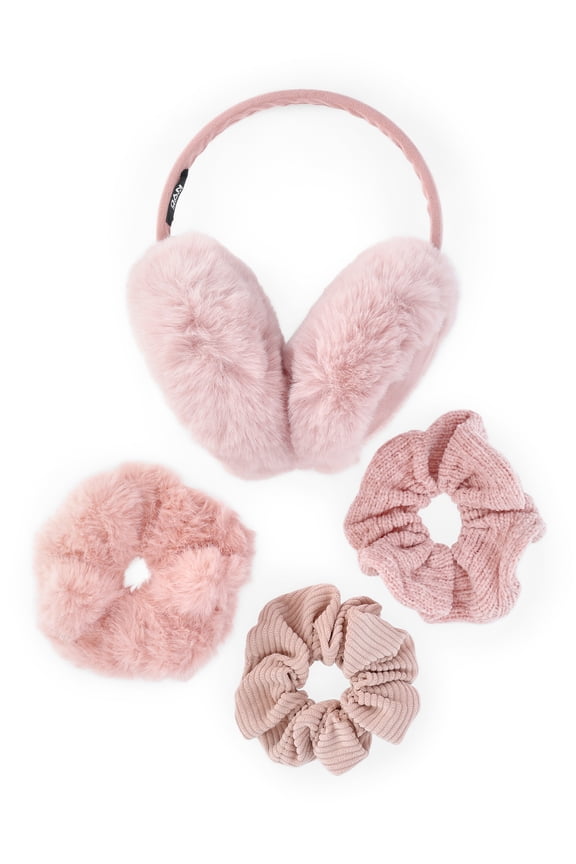 Women's Faux Suede Ear Muffs and Hair Scrunchy Set, 4-Piece, Blush