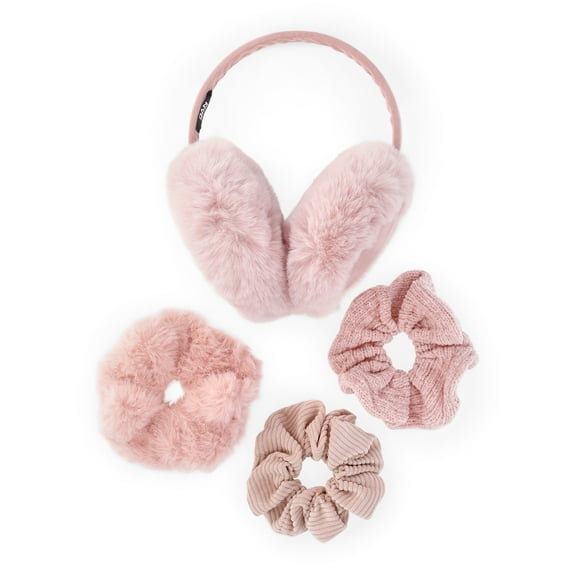 Madden NYC Women's Faux Suede Ear Muffs and Hair Scrunchy Set, 4-Piece, Blush