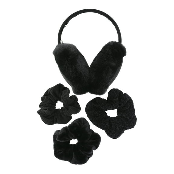 Madden NYC Women's Faux Suede Ear Muffs and Hair Scrunchy Set, 4-Piece, Black