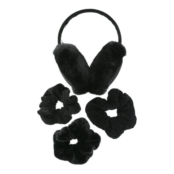 Madden NYC Women's Faux Suede Ear Muffs and Hair Scrunchy Set, 4-Piece, Black