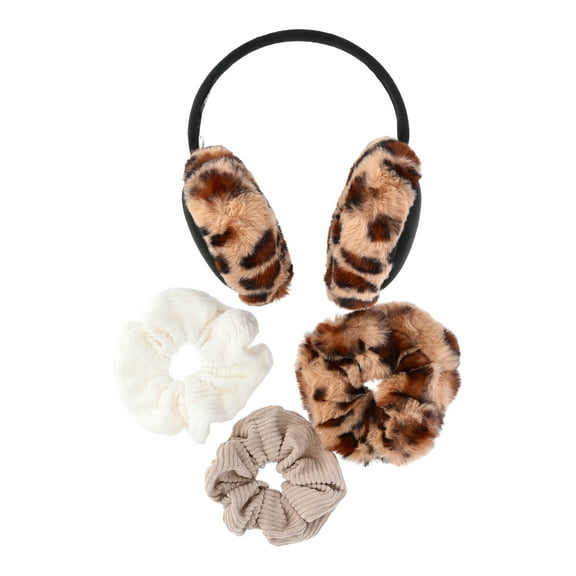 Madden NYC Women's Faux Suede Ear Muffs and Hair Scrunchy Set, 4-Piece, Leopard