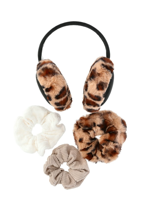 Women's Faux Suede Ear Muffs and Hair Scrunchy Set, 4-Piece, Leopard