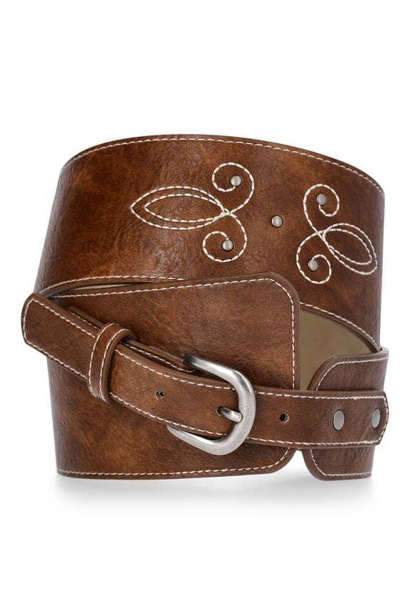 Women's Faux Leather Embroidered Western Belt, Brown, Sizes S/M-2XL/3XL