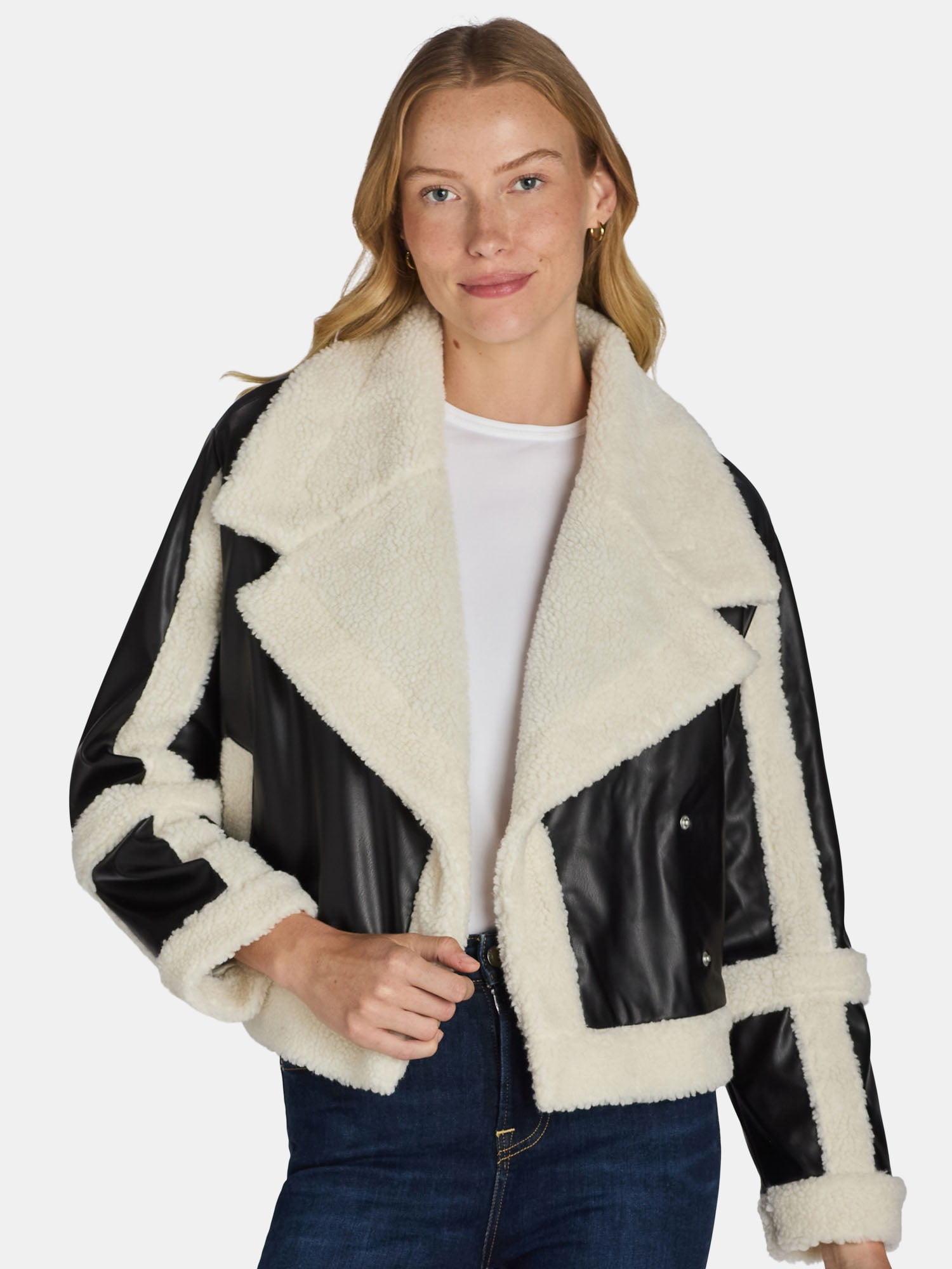 Madden NYC Women's and Women's Plus Faux Shearling Moto Jacket